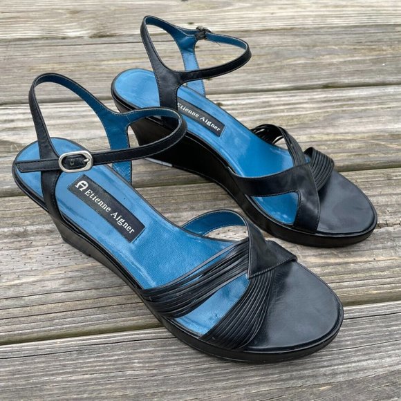 Etienne Aigner Women Shoes Wedge Heel Black Leather Upper Sandal Size 9M - Picture 3 of 12
